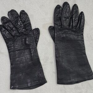 Vintage Women's Black Leather Gloves Long Cuff Size 6.5 With Flaws